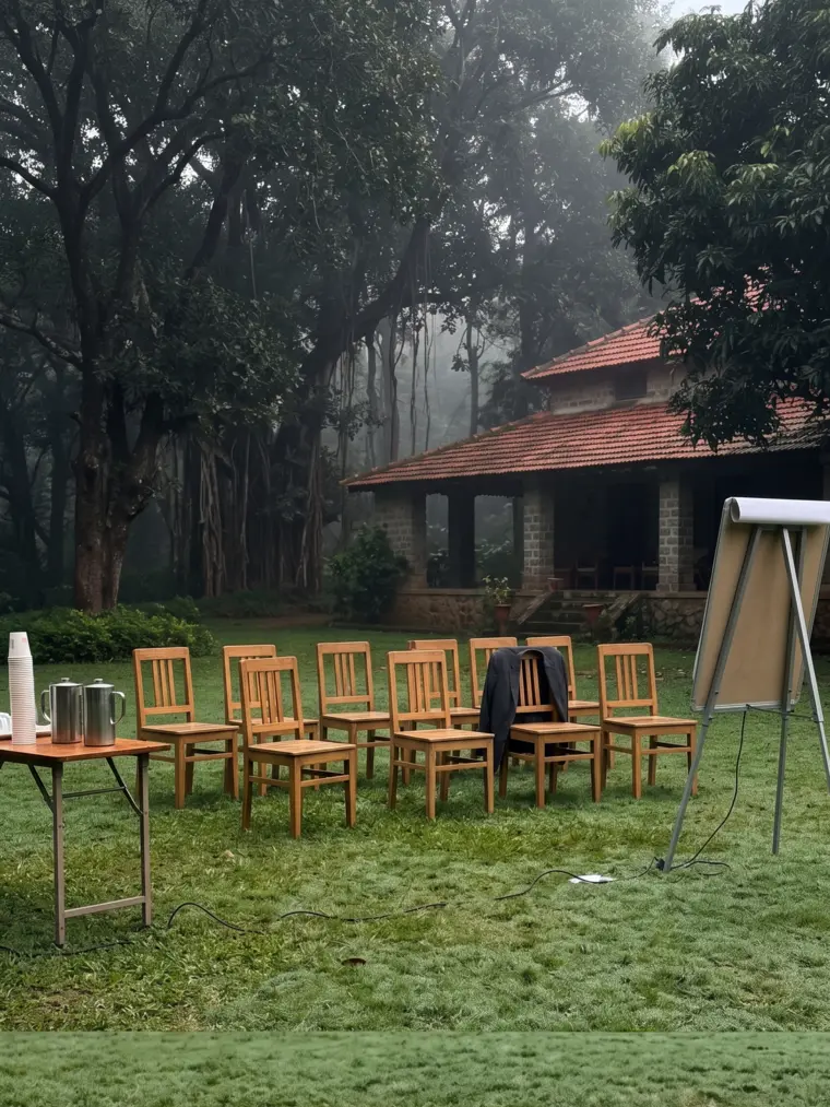 A group of Zubilant travellers gathered outdoors at the end of the day.